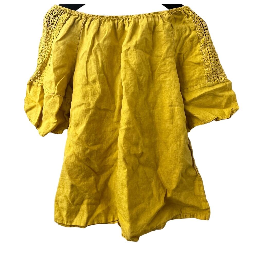 Terzo Millennio Womens Top L - Linen Shirt Crochet Lace Sleeves  Casual - Yellow